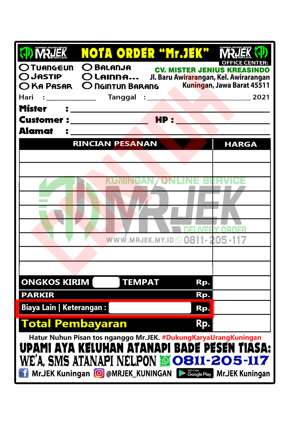 Nota Order Mr.JEK Beserta Detailnya